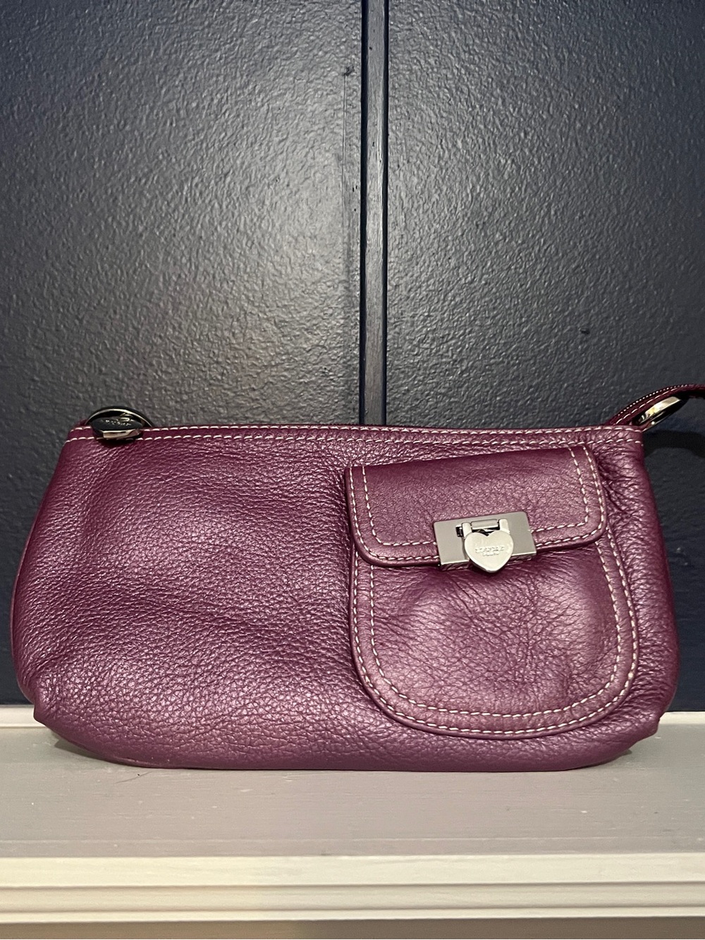 LOVECAT Plum Pebbled Leather Wristlet with Silver Turnlock